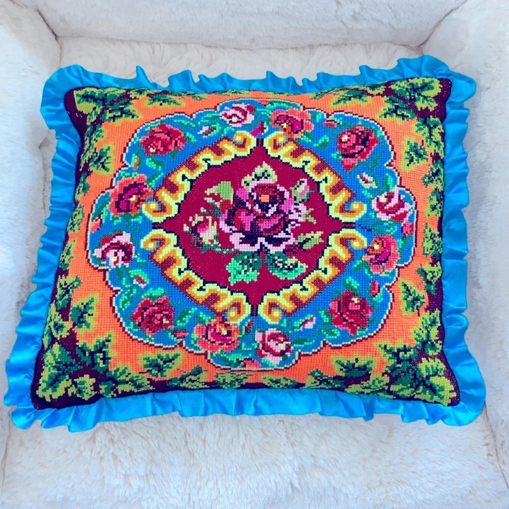 Handmade Ukrainian Pillow Floral Decorative Aqua Ruffled Vintage‎ 18